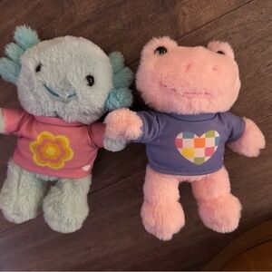 2 Build-A-Bear 9" Plush Animals Pink Frog and Blue Axolotl Plush Toys Tee Shirts